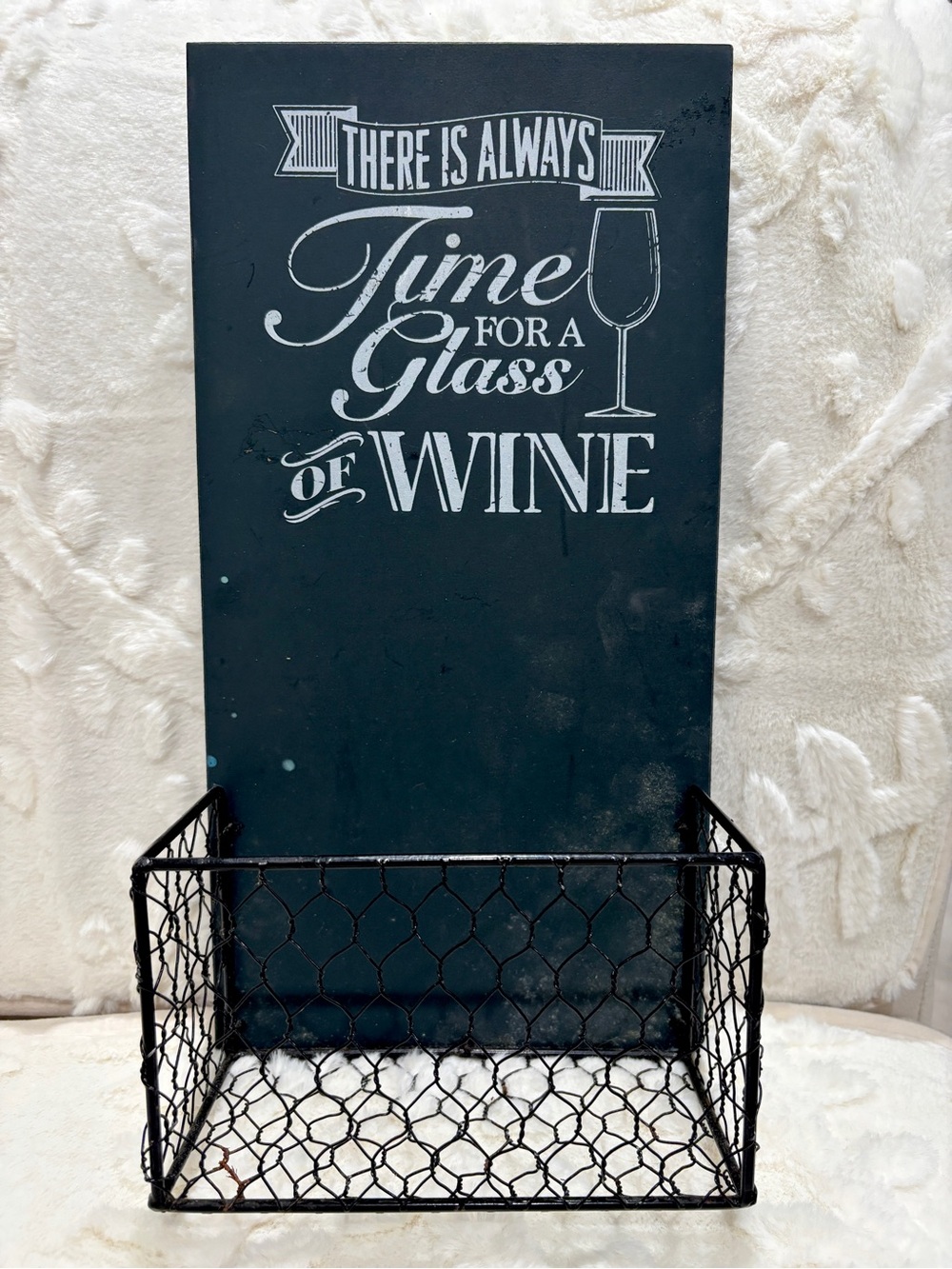 Farmhouse Wine Wall Decor with Wire Basket | Kitchen Bar Organizer